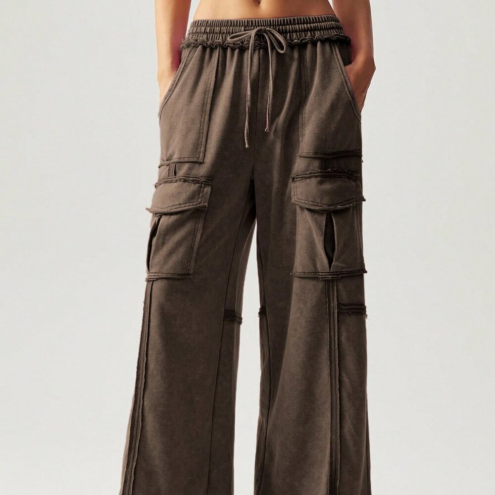 Coffee Brown Casual Women's Vacation Knit 3d Pocket Wide Leg Pants - Picture 4 of 8
